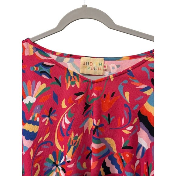 Judith March Womens Pink Multicolor Boho Floral Parrot Print Poncho Blouse M - Picture 2 of 4